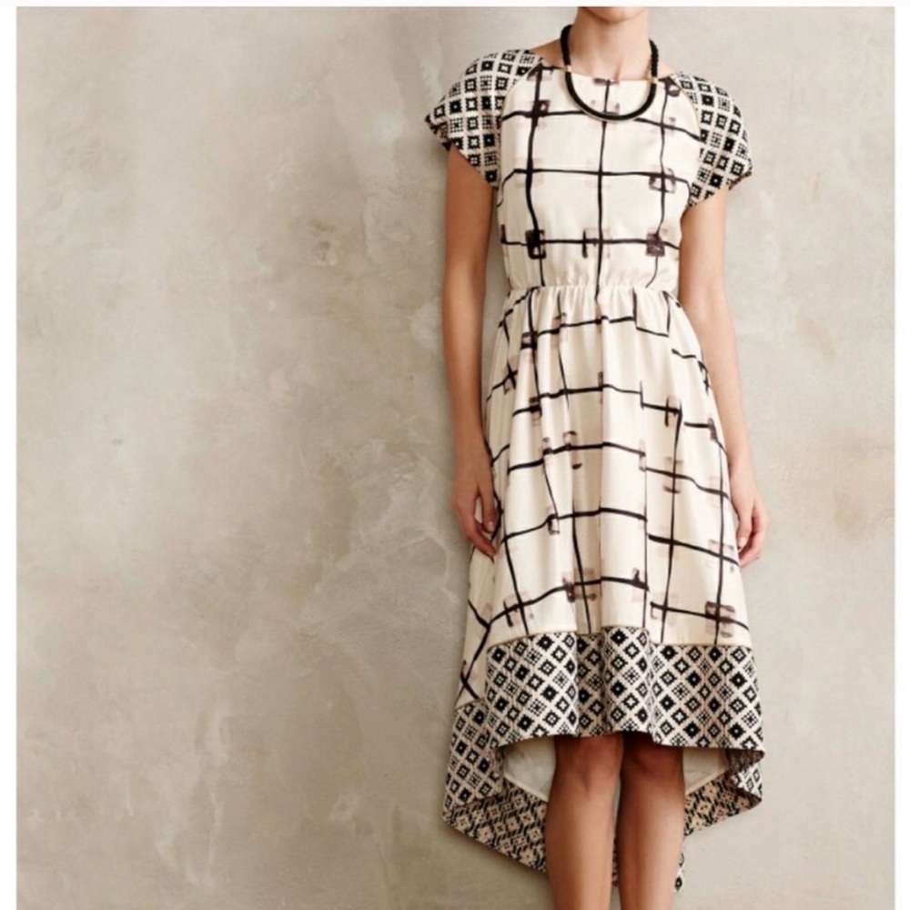 Anthropologie High Low Midi Cream Grid-Print Fit & Flare Dress